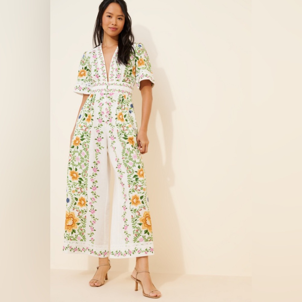 Farm Rio Anthropologie Folk Floral Linen Blend Short Sleeve Jumpsuit Medium - Picture 5 of 8